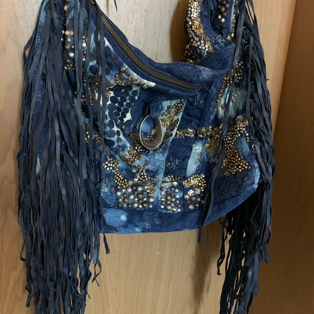 Cecilia de Bucourt Denim Patchwork Studded Bag